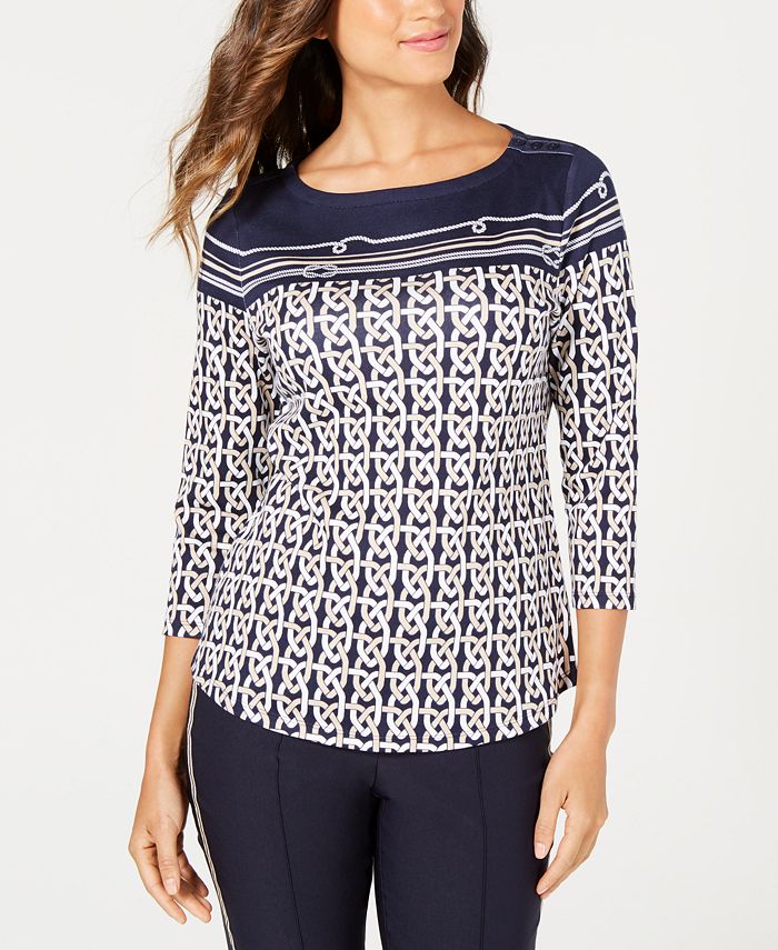 Charter Club Petite Cotton Mixed-Print Top, Created for Macy's ...