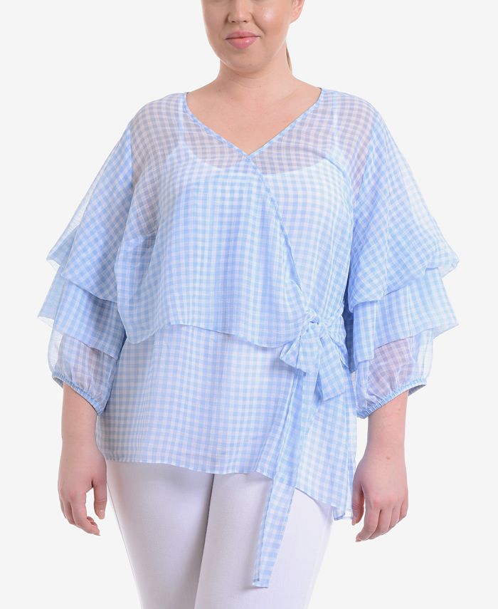 NY Collection - ]Plus Size Gingham-Print Wrap Top