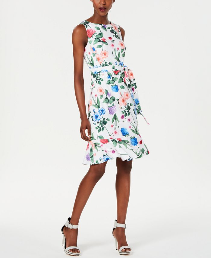 Calvin Klein Petite Floral Belted Flounce-Hem Dress - Macy's