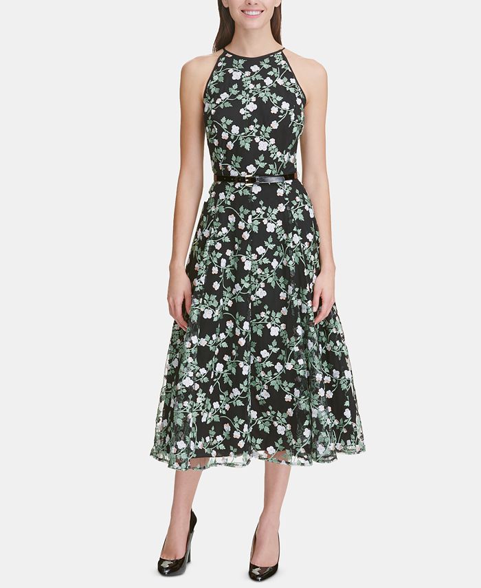 Tommy Hilfiger Belted Floral Embroidered Midi Dress - Macy's