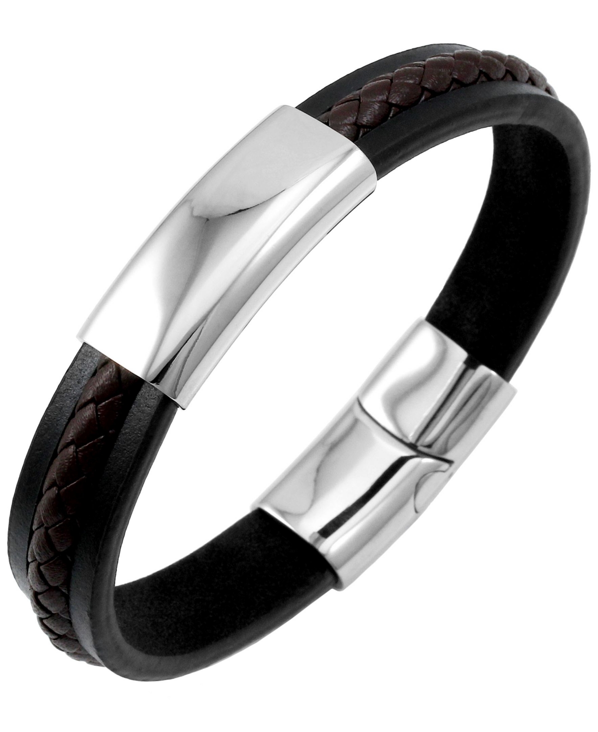 Sutton Stainless Steel Two-Tone Leather Bracelet With Braided Stripe Detail - Black