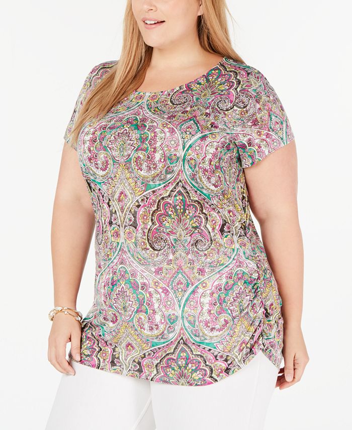 INC International Concepts I.N.C. Plus Size Printed Ruched-Side Top ...