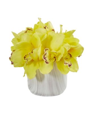 Nearly Natural - Cymbidium Orchid Artificial Arrangement in Marble Vase