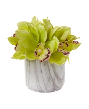 Nearly Natural Cymbidium Orchid Artificial Arrangement In Marble Vase In Green