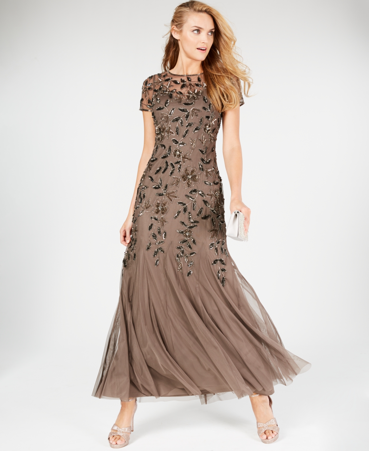 Adrianna Papell Beaded Floral Godet Gown in Night Plum Smart Closet