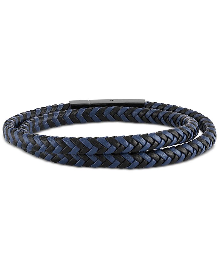 Esquire Men's Jewelry Woven Black and Blue Leather Wrap Bracelet in