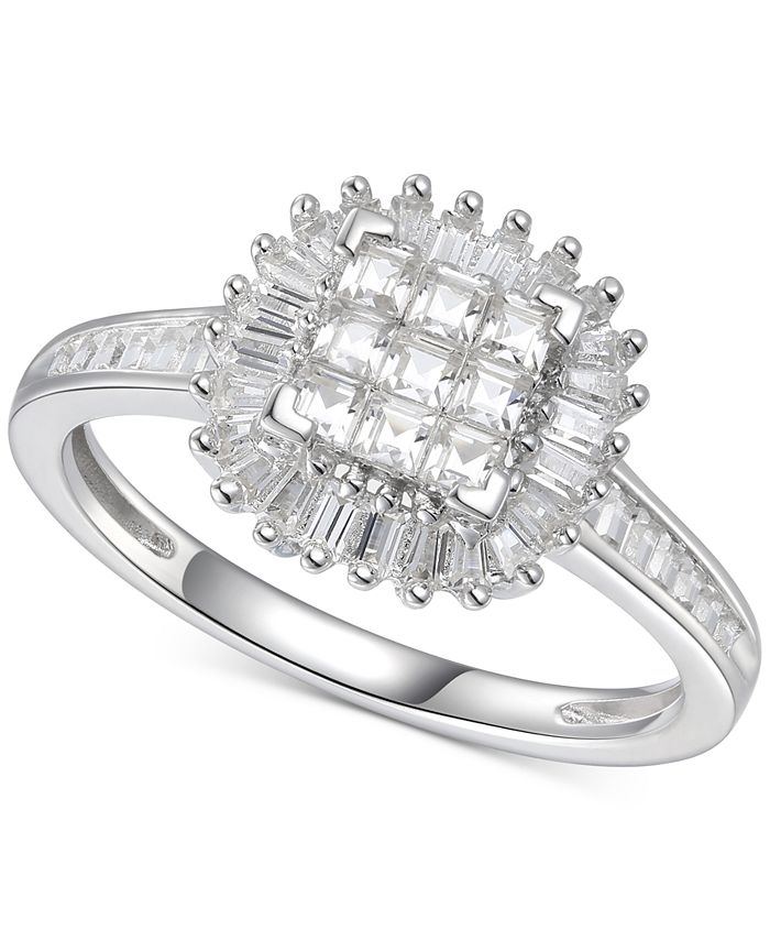 Macy's - Cubic Zirconia Square Cluster Baguette Halo Ring n Sterling Silver