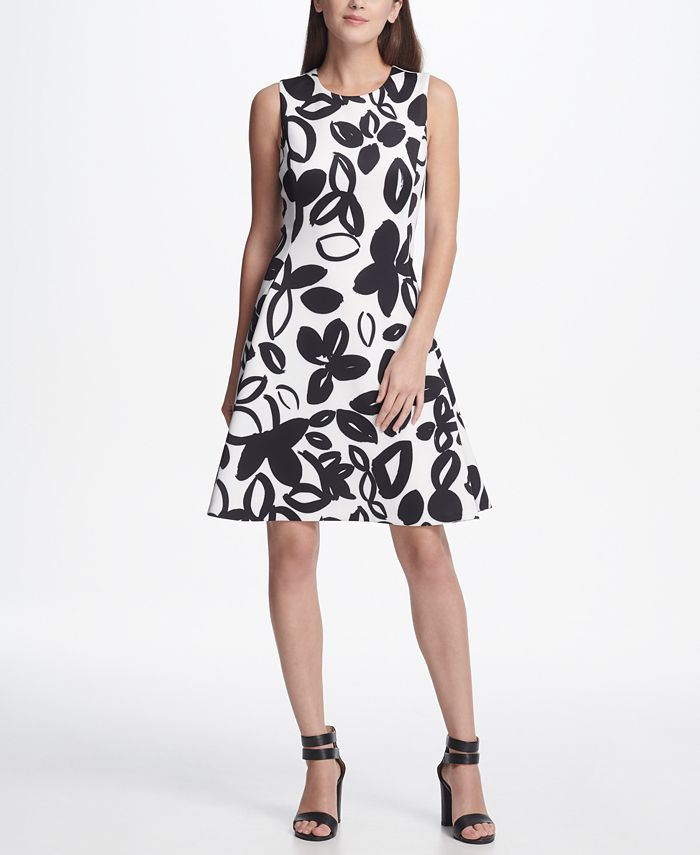 DKNY Graphic Floral Print Scuba Fit & Flare Dress - Macy's