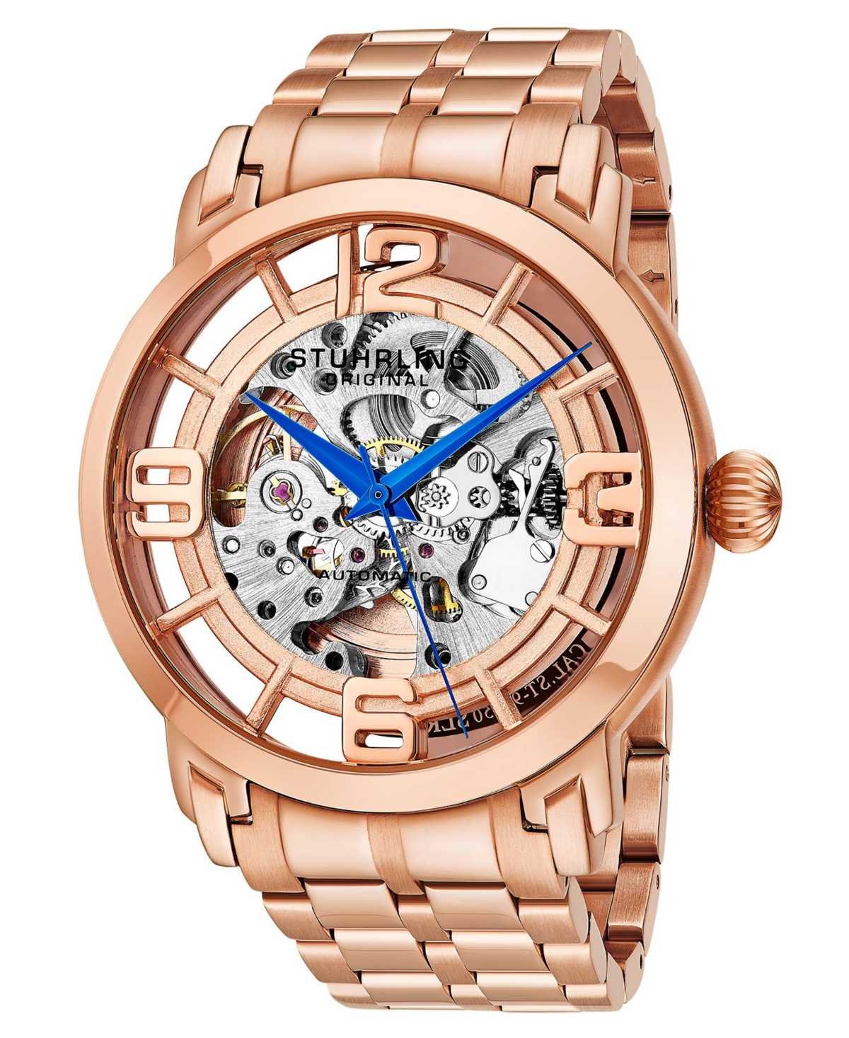 Stuhrling Stainless Steel Rose Tone Case on Stainless Steel Link Bracelet, Rose Tone Dial, with Blue Accents