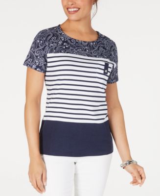 Karen Scott Womens Striped Colorblocked Top Red Size Petite Small 1