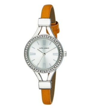 image of Laura Ashley Ladies- Tan Thin Strap Silver Case Crystal Bezel Watch