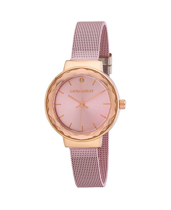 Laura Ashley Ladies Pink Facet Bezel Sunray Dial Mesh Watch And Reviews
