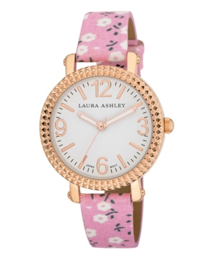 image of Laura Ashley Women-s Pink Floral Band Fluted Bezel Watch