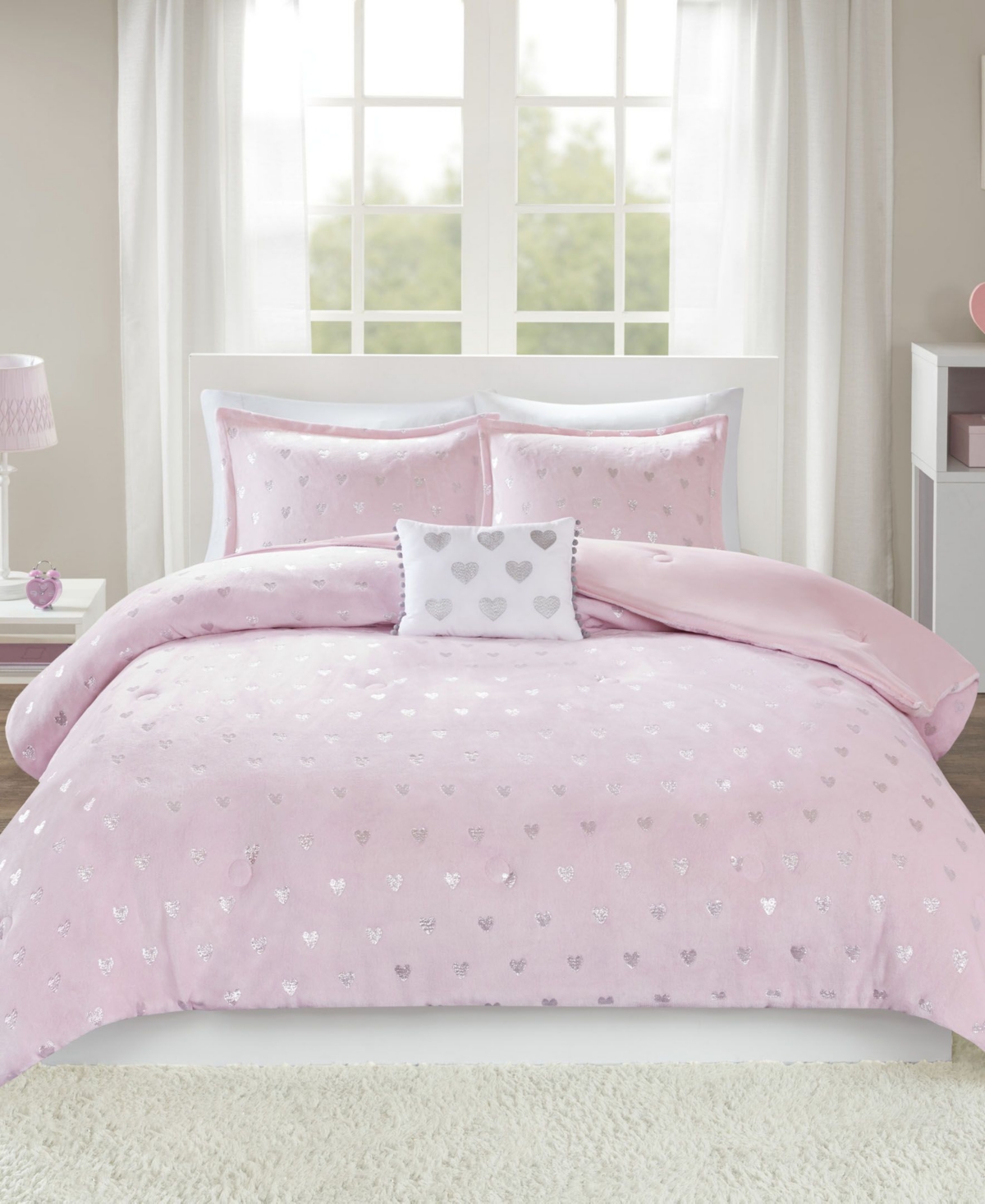 Mi Zone Rosalie Metallic Heart 4-pc. Comforter Set, Full/queen In Pink,silver