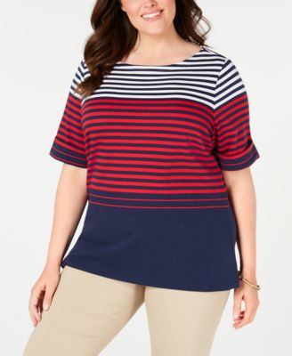 Karen Scott Womens Petite Striped Colorblocked Top Bright Red Size Ps main image 1