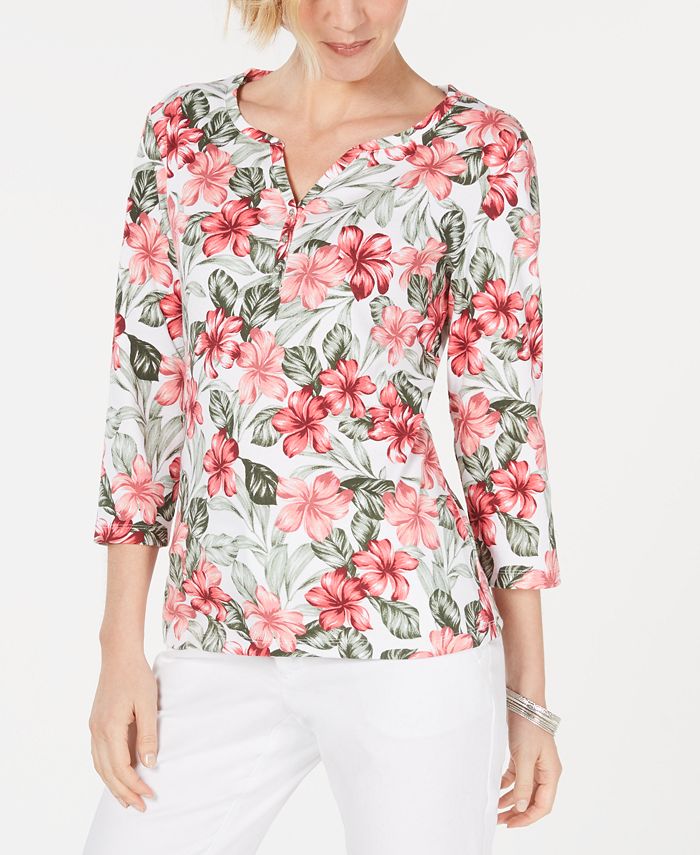 Karen Scott Womens Leaf Print 3 4 Sleeve Top Navy Size Petite Small main image 1