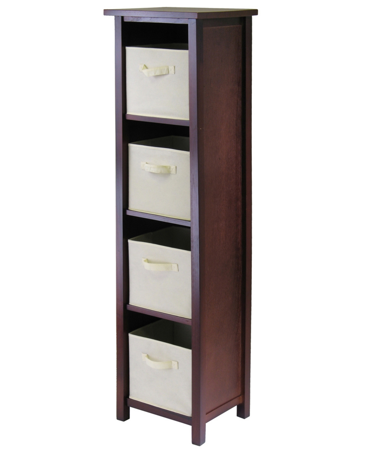 Verona 4-Section N Storage Shelf with 4 Foldable Beige Color Fabric Baskets - Walnut