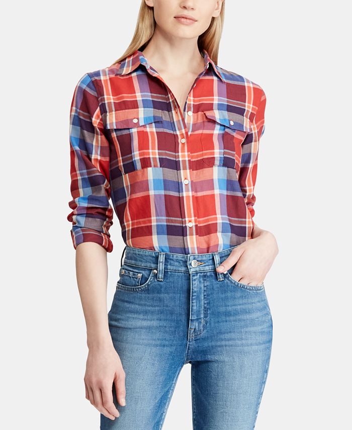 Lauren Ralph Lauren Women's Checked Plaid Cotton Twill Shirt - Macy's