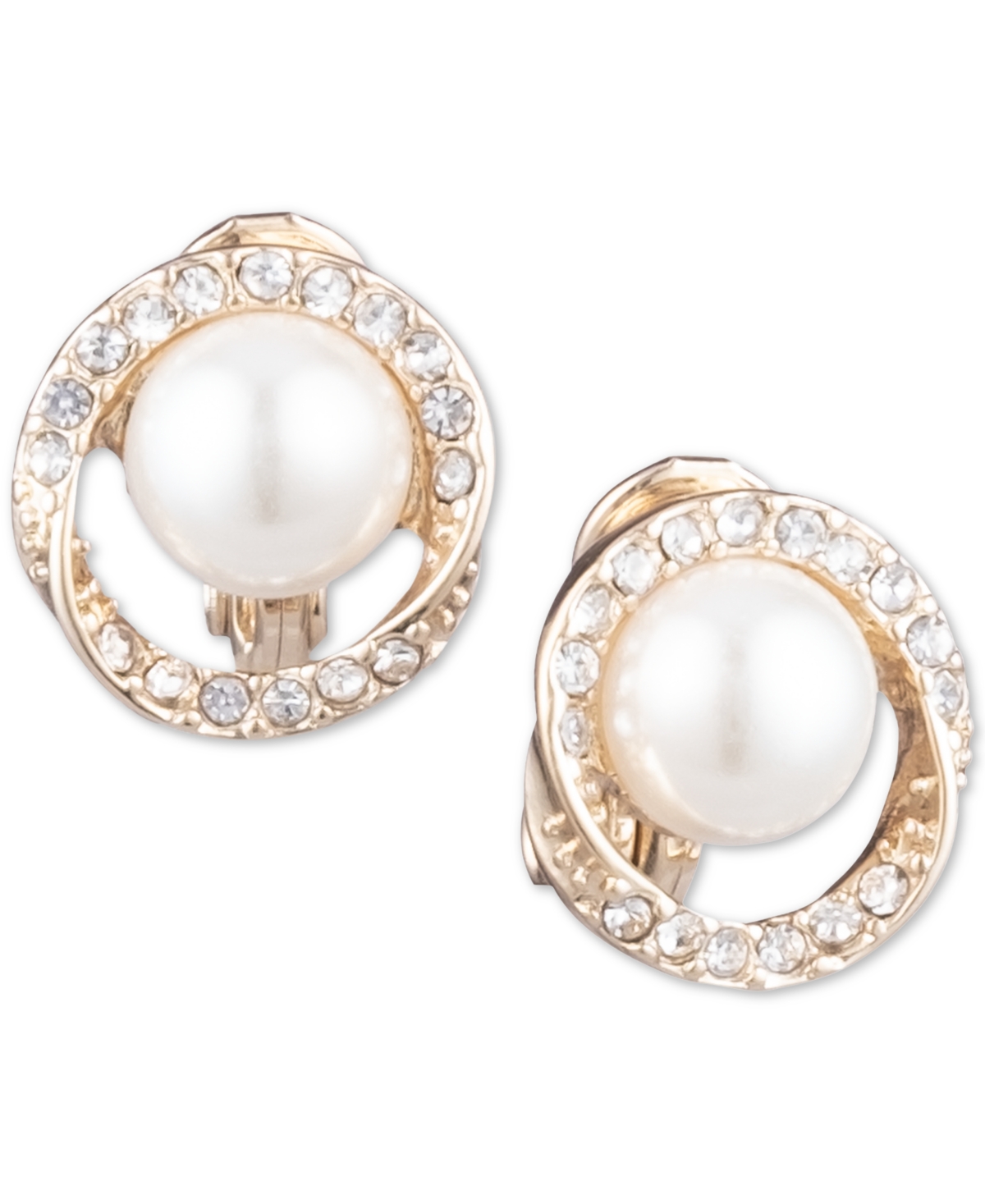 Gold-Tone Pave & Imitation Pearl Halo E-z Comfort Clip-On Button Earrings - Pearl