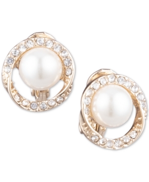 image of Anne Klein Gold-Tone Pave & Imitation Pearl Halo E-z Comfort Clip-On Button Earrings