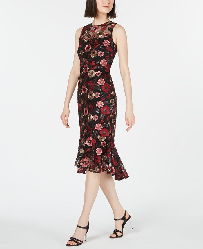 Calvin Klein Sequined Floral Embroidered Flounce Dress - Macy's