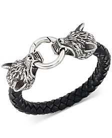 Wolf Head Leather Braided Bracelet in Stainless Steel