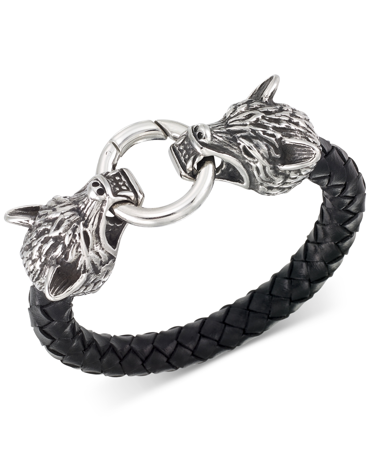 Smith Wolf Head Leather Braided Bracelet in Stainless Steel - Stainless Steel