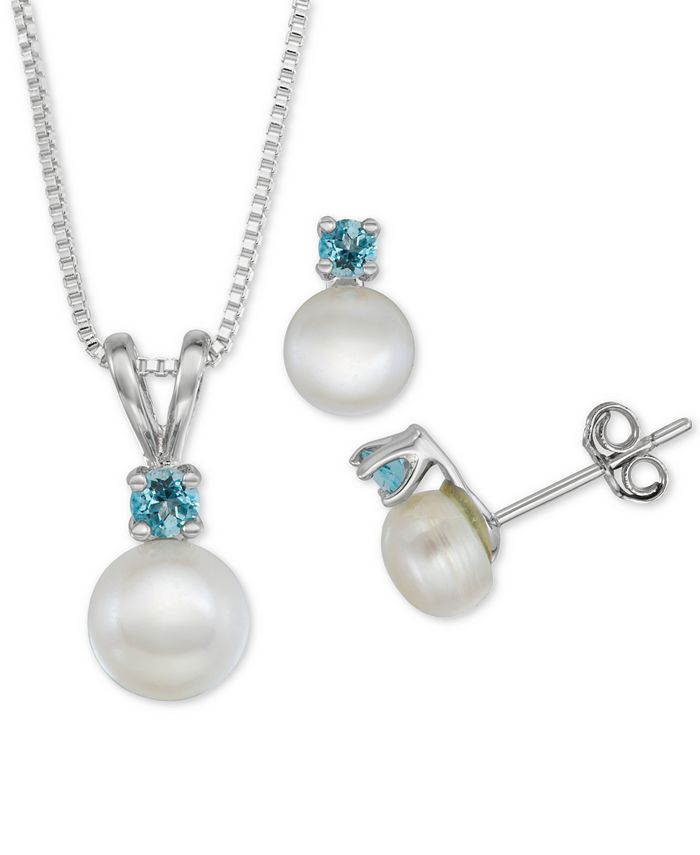 Macy's - Cultured Freshwater Pearl (6-7mm) & Blue Topaz (1/3 ct. t.w.) 18" Pendant Necklace & Stud Earrings Set in Sterling Silver