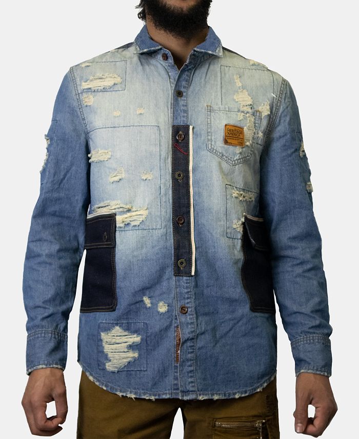 Heritage America Men's Patchwork Destroyed Denim Shirt - Macy's
