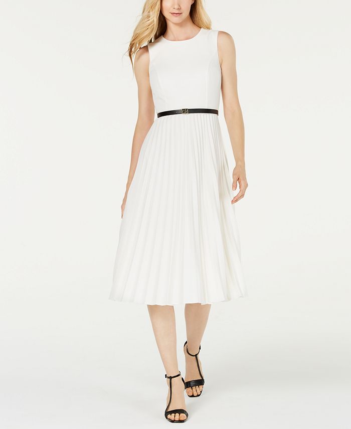 Calvin Klein Belted Pleated Midi Dress & Reviews - Dresses - Women - Macy's