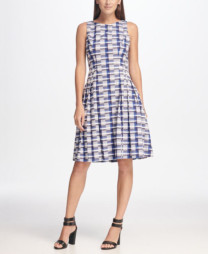 DKNY Sleeveless Checkered Cotton Fit & Flare Dress - Macy's