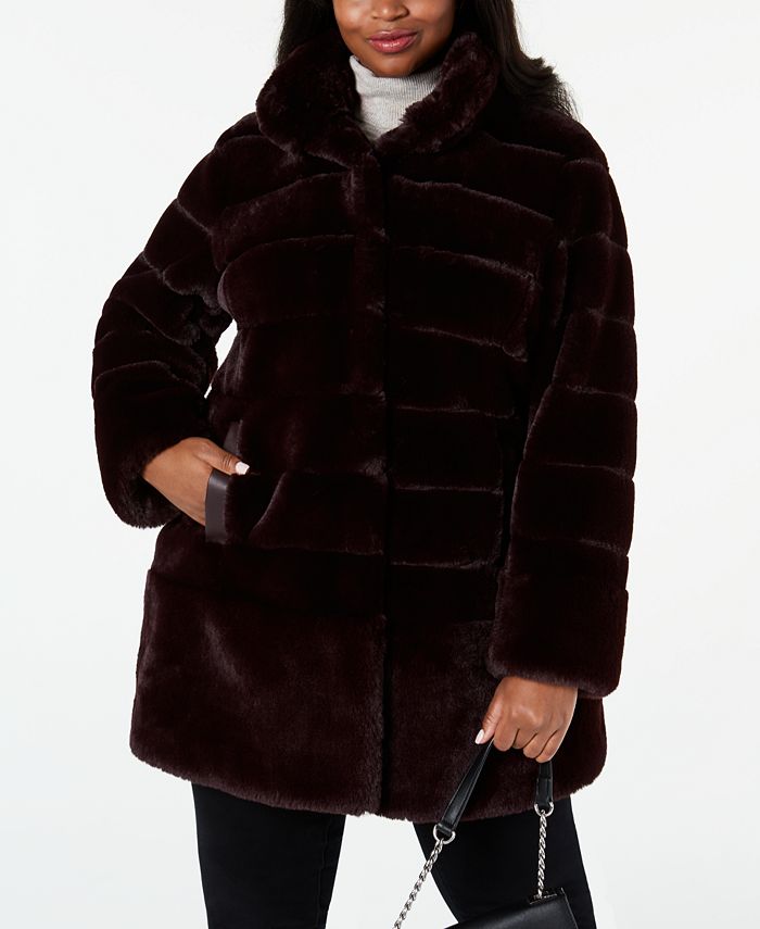 Jones New York Plus Size Faux-Fur Coat with Faux-Leather-Trim - Macy's