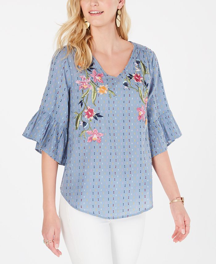 Style & Co Embroidered Flutter-Sleeve Top, Created for Macy's - Macy's