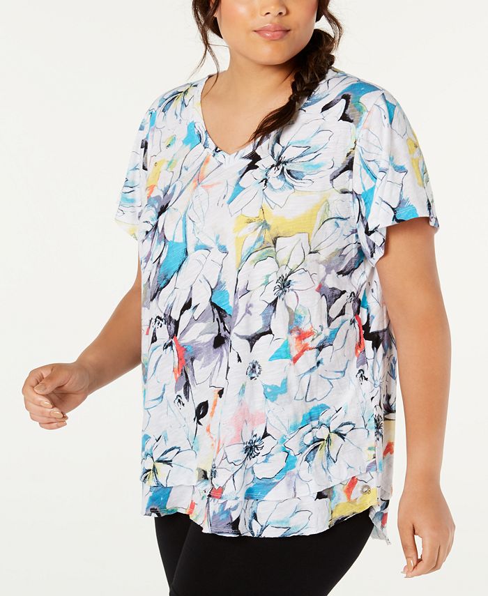 Calvin Klein Plus Size Cotton Magnolia Printed T-Shirt - Macy's