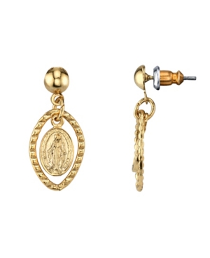 image of 2028 14K Gold Dipped Mother Mary Medallion Post Drop Earrings