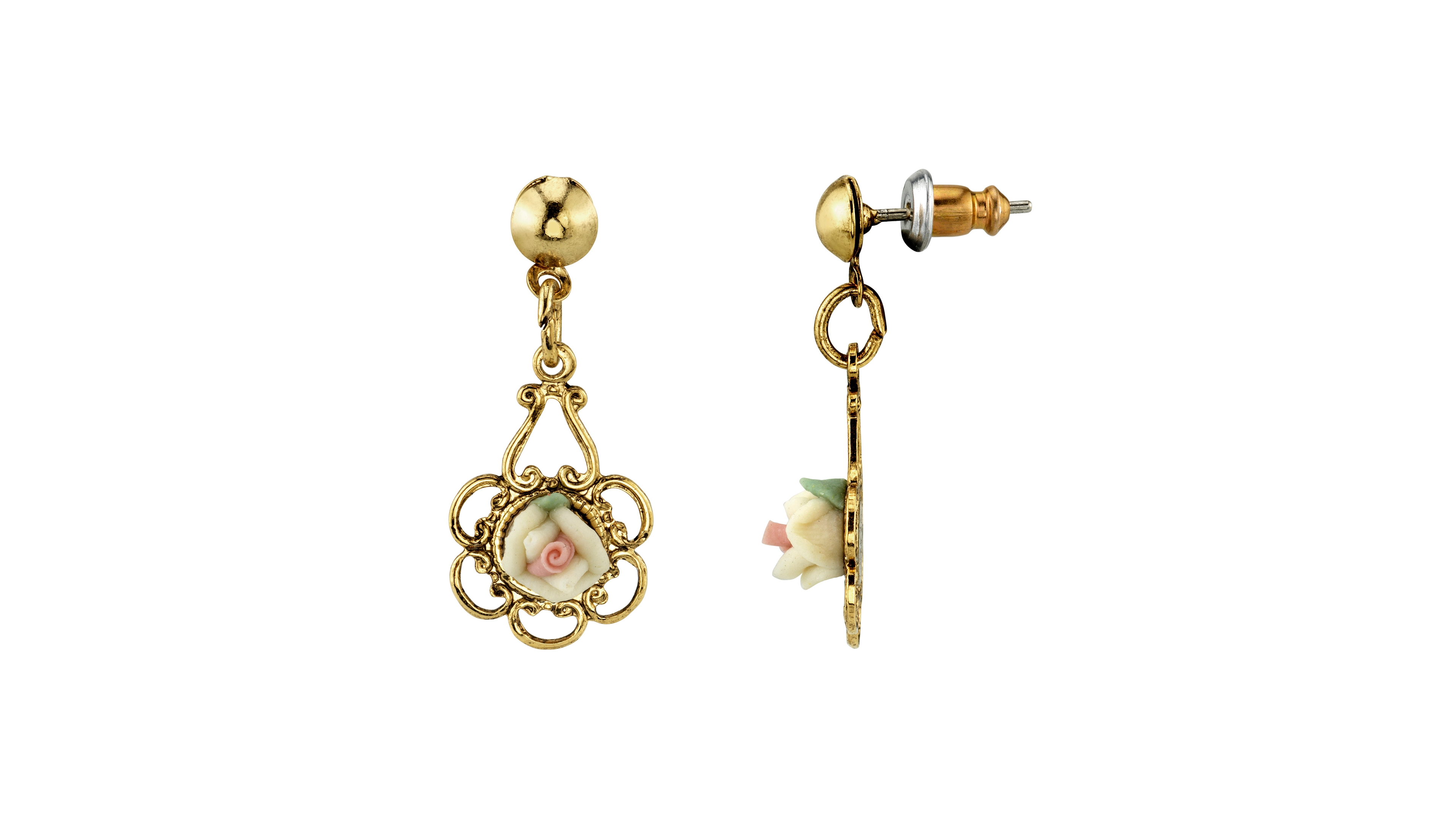 2028 Gold-Tone Ivory Color Porcelain Rose Drop Earrings