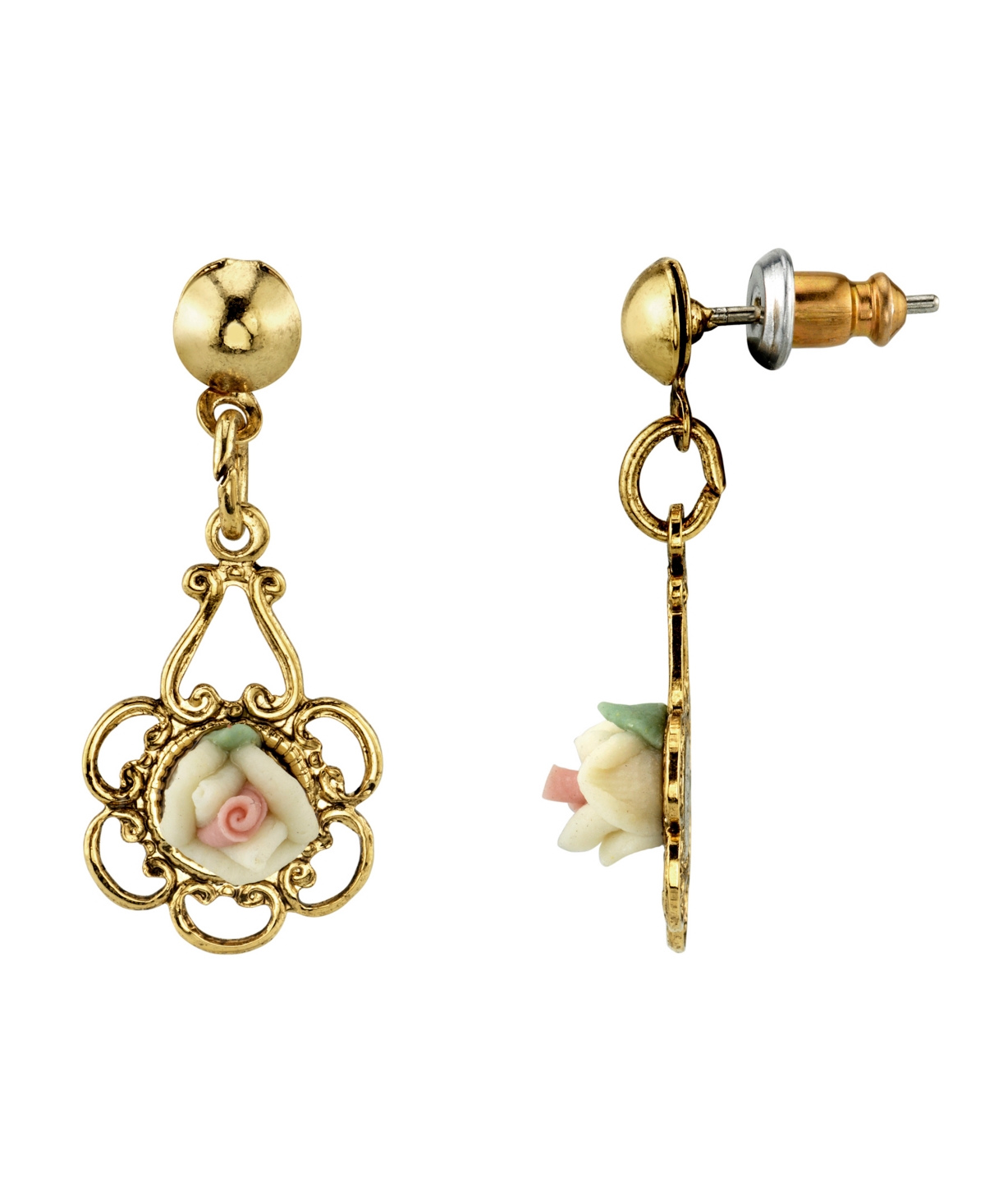 2028 Gold-tone Ivory Color Porcelain Rose Drop Earrings In White