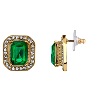 image of 2028 Gold-Tone Green Stone and Crystal Octagon Button Earrings