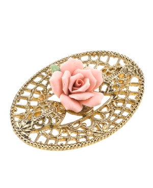 image of 2028 Gold-Tone Pink Porcelain Rose Filigree Brooch