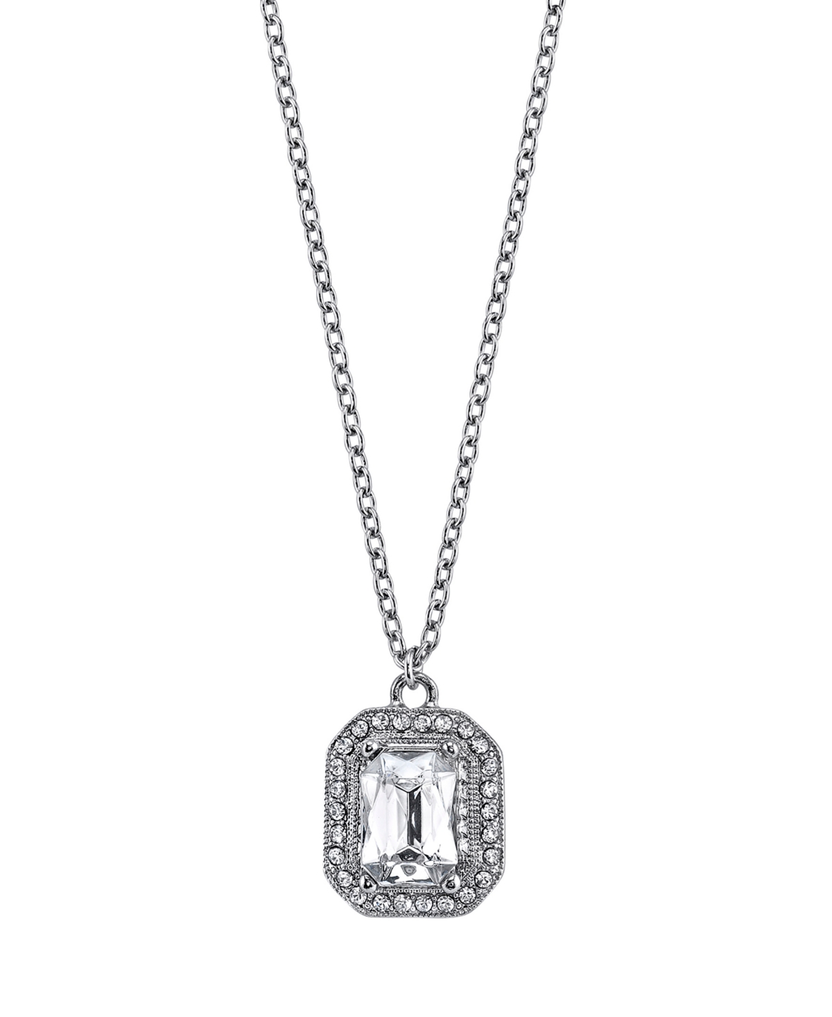 2028 Silver-tone Crystal Octagon Pendant Necklace 16" Adjustable In White