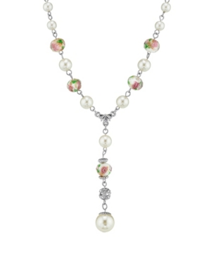 image of 2028 Silver Tone Faux Pearl Pink Flower Beaded Y Necklace 16