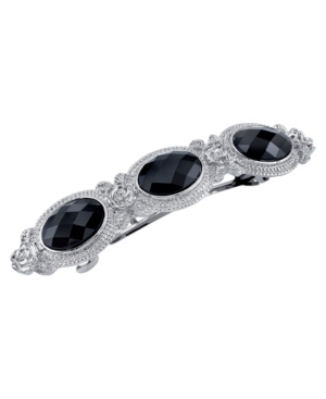 image of 2028 Silver-Tone Black Stones Oval Barrette