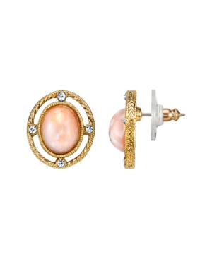 image of Downton Abbey Gold-Tone Peach Color Stone and Crystal Oval Button Earrings