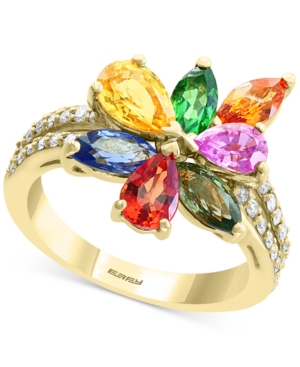 image of Effy Multi-Gemstone (3-3/4 ct t.w.) & Diamond (1/4 ct. t.w.) Flower Ring in 14k Gold