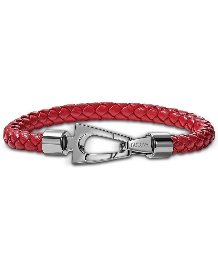 Bulova - Men's Red Braided Leather Bracelet in Stainless Steel