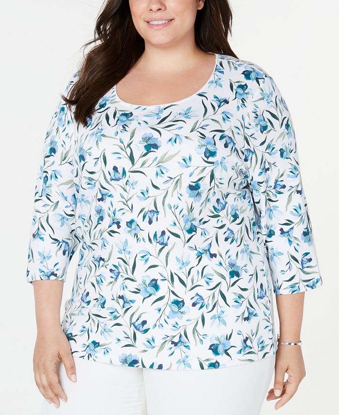 Karen Scott Plus Size Printed 3/4-Sleeve Top, Created for Macy's - Macy's