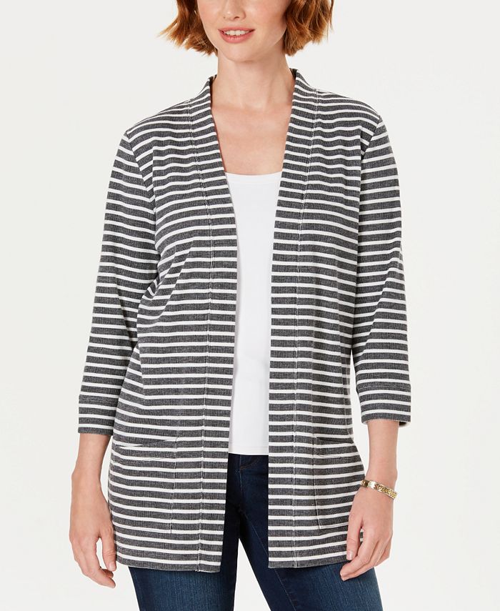 Karen Scott Sport Striped 3/4-Sleeve Open-Front Jacket, Created for Macy's  - Macy's