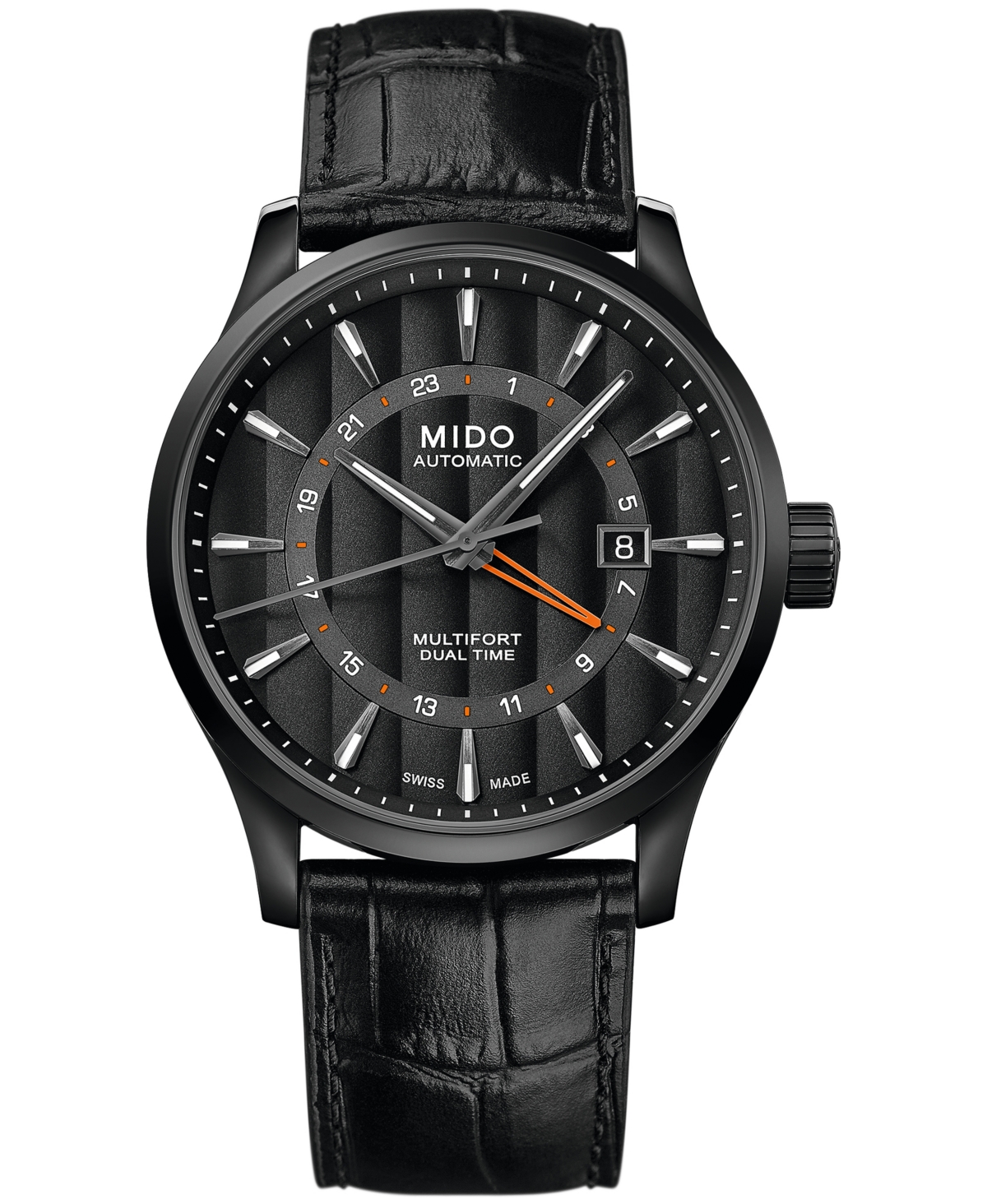 MIDO MEN'S SWISS AUTOMATIC MULTIFORT DUAL TIME BLACK LEATHER STRAP WATCH 42MM