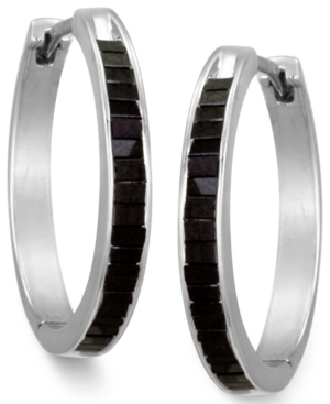 image of Sterling Silver Earrings, Black Diamond Baguette Hoop Earrings (1 ct. t.w.)
