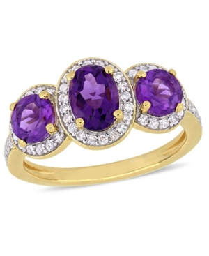 image of Amethyst (1-5/8 ct.t.w.) and Diamond (1/3 ct.t.w.) 3-Stone Halo Ring in 18k Yellow Gold over Sterling Silver
